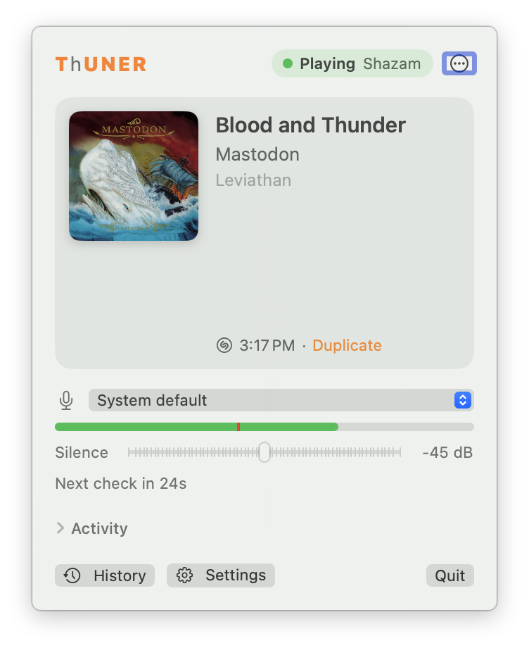 The ThUNER menu bar panel showing Mastodon's Blood and Thunder, identified by Shazam